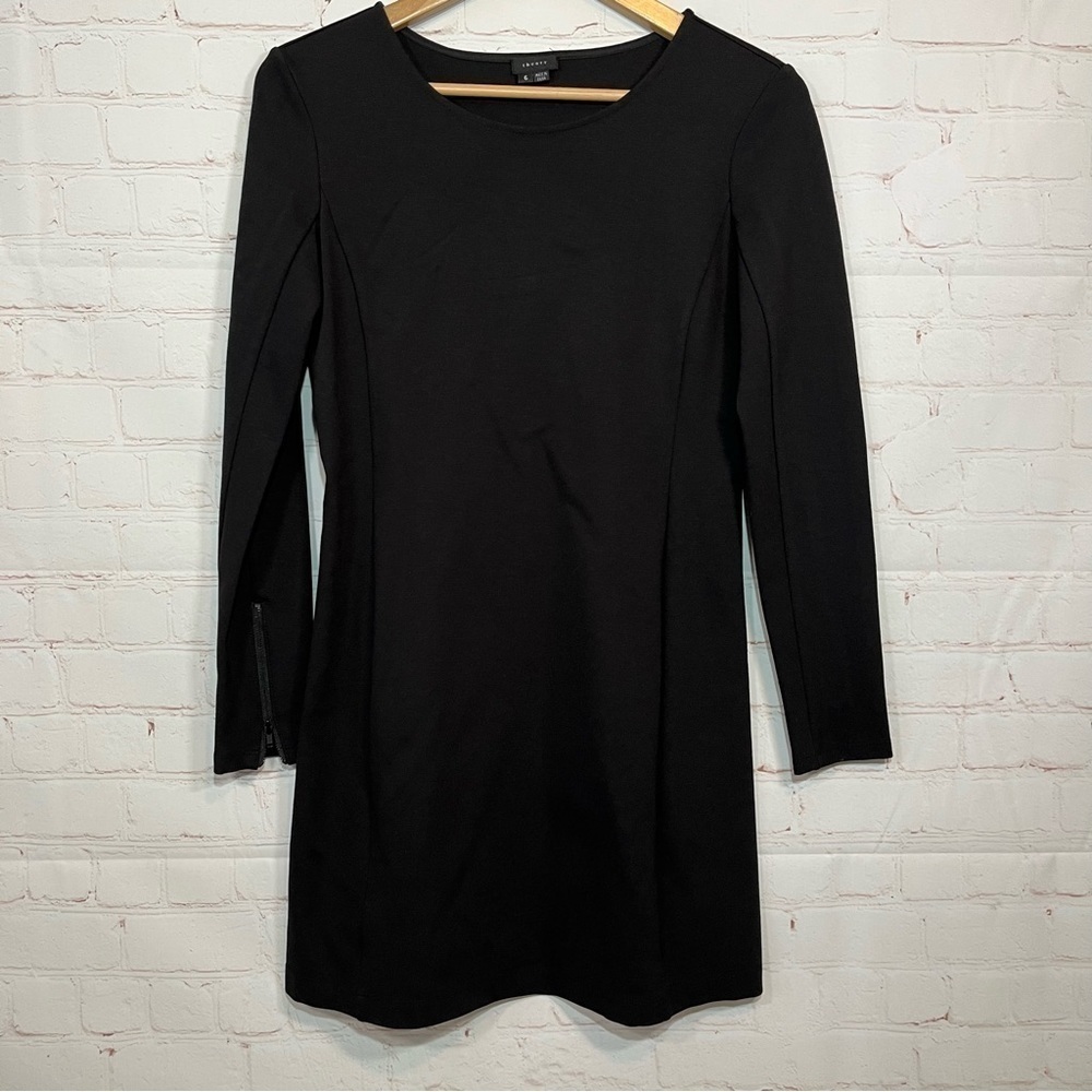 Theory Aylin Dress Womens 6 Black Ponte Knit Minimalist Long Zip Sleeve Stretch